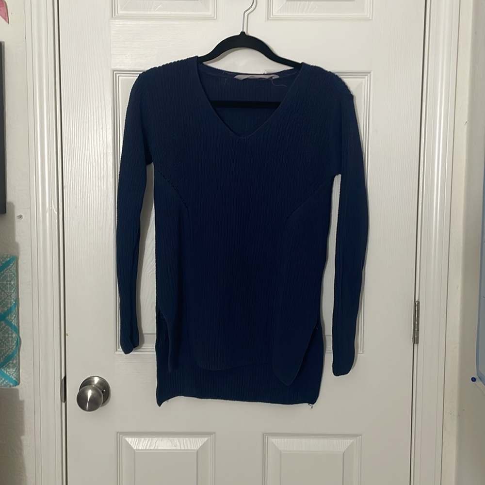 Athleta “highline” V-neck Blue Cotton Long Sleeve Tunic Sweater Size Small - Picture 2 of 6